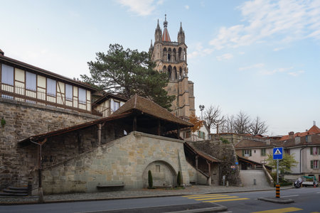 Escaliers du Marche Staircase and Pierre Viret Fountain with Lausanne Cathedral on background - Lausanne, Switzerlandの写真素材