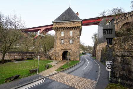Vauban Towers and Grand Duchess Charlotte Bridge - Luxembourg City, Luxembourgの写真素材