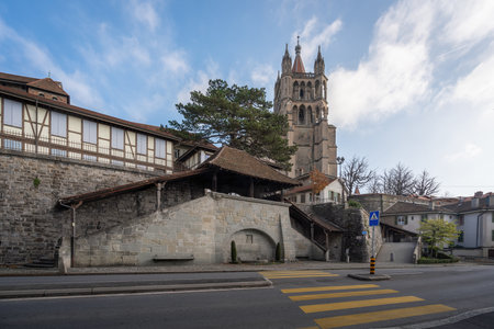 Escaliers du Marche Staircase and Pierre Viret Fountain with Lausanne Cathedral on background - Lausanne, Switzerlandの写真素材