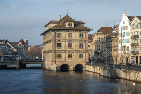 Wasserkirche Church and Limmat River - Zurich, Switzerlandの写真素材