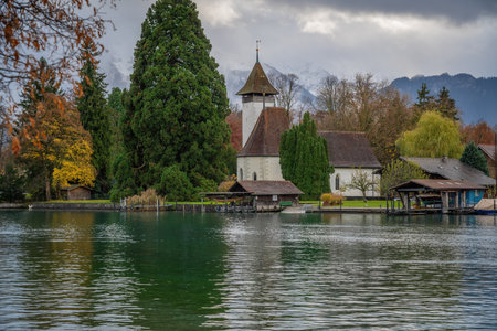 Scherzligen Church and Aare River - Thun, Switzerlandの写真素材