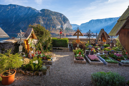 Hallstatt, Austria - Nov 11, 2019: Catholic Church Cemetery - Hallstatt, Austriaのeditorial素材