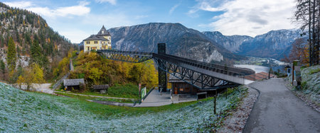 Hallstatt, Austria - Nov 11, 2019: Panoramic view of Hallstatt Salt Mines with Rudolfsturm (Rudolf Tower) and Alps Mountains - Hallstatt, Austriaのeditorial素材