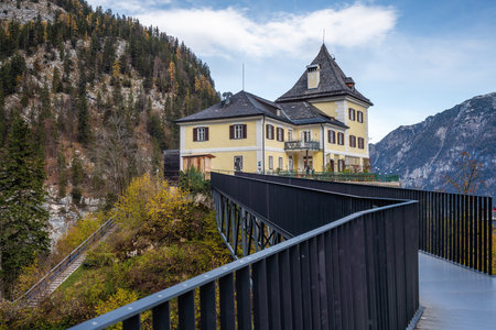 Hallstatt, Austria - Nov 11, 2019: Rudolfsturm (Rudolf Tower) and Hannes Androsch Footbridge at Hallstatt Salt Mines - Hallstatt, Austriaのeditorial素材