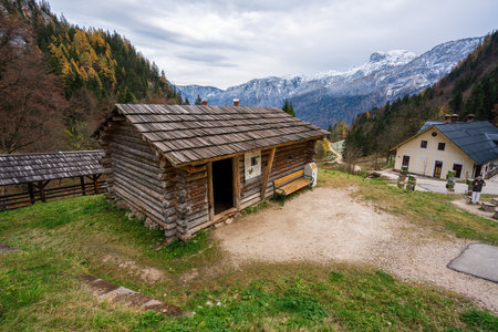 Hallstatt, Austria - Nov 11, 2019: Reconstruction of a Bronze Age Hut at Hallstatt Salt Mines - Hallstatt, Austriaのeditorial素材