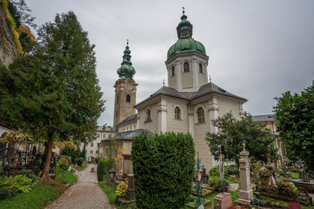 Salzburg, Austria - Nov 12, 2019: St. Peter Cemetery and Abbey Church at St. Peters Abbey - Salzburg, Austriaのeditorial素材