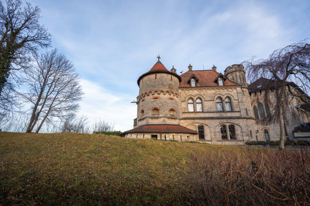 Baden-Wurttemberg, Germany - Dec 16, 2019: Mathilda Tower and Gero building at Lichtenstein Castle - Lichtenstein, Germanyのeditorial素材