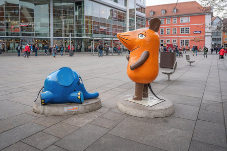 Erfurt, Germany - Jan 18, 2020: Maus und Elefant (Mouse and Elephant) - KiKa Character Sculpture - Erfurt, Germanyのeditorial素材