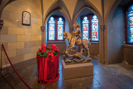 Baden-Wurttemberg, Germany - Dec 14, 2019: Saint George and the Dragon Sculpture at St. Michael Chapel - Catholic Chapel at Hohenzollern Castle - Germanyのeditorial素材