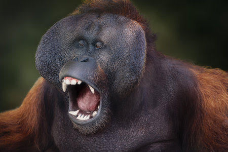 Male Bornean Orangutan (Pongo pygmaeus) - Great Ape with open mouthの写真素材