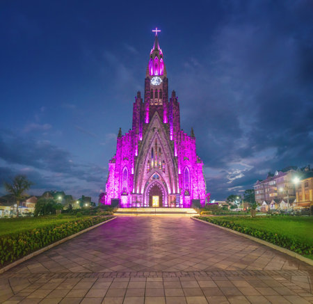 Illuminated Cathedral of Stone at night (Catedral de Pedra) - Church of Our Lady of Lourdes - Canela, Rio Grande do Sul, Brazilの写真素材