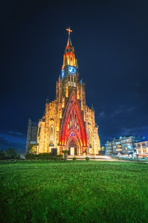 Illuminated Cathedral of Stone at night (Catedral de Pedra) - Church of Our Lady of Lourdes - Canela, Rio Grande do Sul, Brazilの写真素材