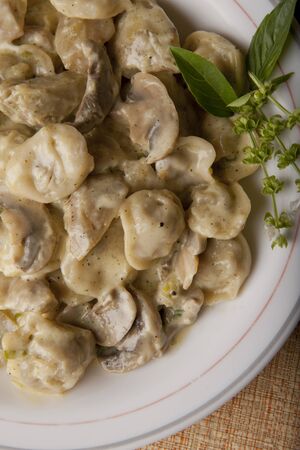 Plate of tortellini and mushrooms, with basil leaves as decorationの写真素材