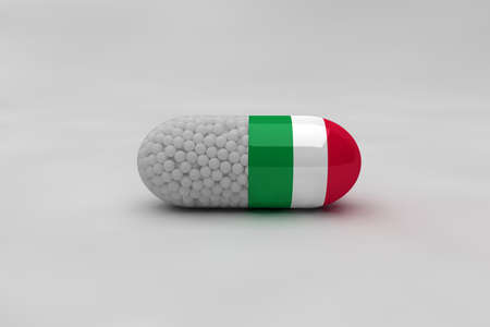 Pill with the flag of Italy. Italian medicinal capsule, with the colors of the Italian flag, green, white and red and inside medicine particles.の写真素材