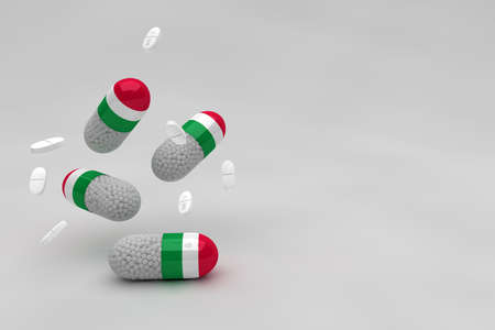 Italian pills close up. Medicine for the coronavirus that affects Italy. Medicinal capsules with the...
