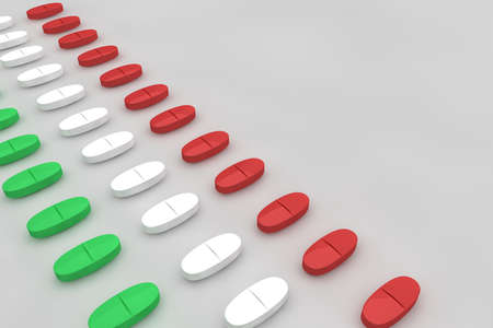 Pills in line forming the flag of Italy. Medicinal capsules against visrus Covid-19. An emergency aid against the pandemic in Italy. 3D animationの写真素材