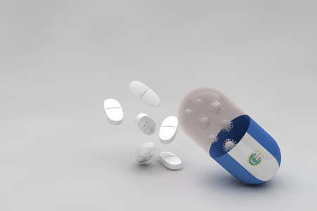 pill with the flag of El Salvador and Anti-epidemiological virus background, particles of Covid-19 virus and 500 mg white medicine capsules. 3d animationの写真素材