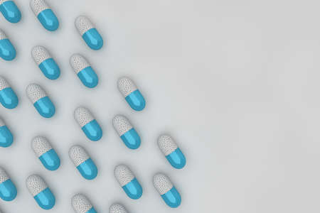Light blue pill background with white particles Fund of medicine capsules against Covid-19 or any other type of epidemic or pandemic. 3D animationの写真素材
