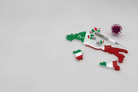 Map of Italy with medicine and vaccine against the covid-19 virus. Pills with the flag of Italy and white medicinal capsules. 3d animationの写真素材