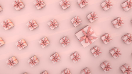 Pink gift boxes with pink ribbon. 3d render composition for birthday, baby shower, christmas or marriageの写真素材