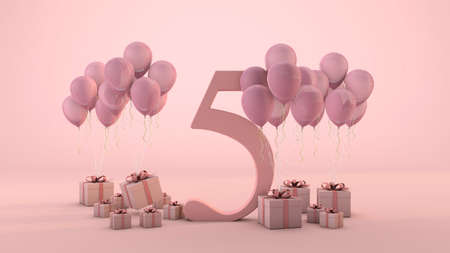 Number 5 birthday celebration pink gift box and pink balloons. 3D Renderの写真素材