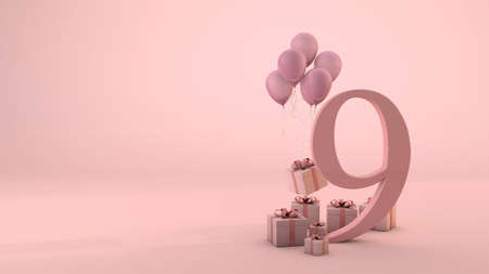 Number 9 birthday celebration pink gift box and pink balloons. 3D Renderの写真素材