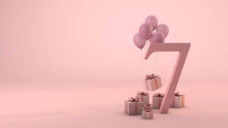 Number 7 birthday celebration pink gift box and pink balloons. 3D Renderの写真素材