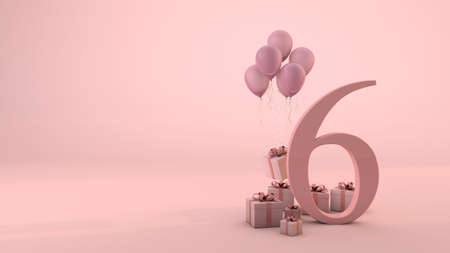 Number 6 birthday celebration pink gift box and pink balloons. 3D Renderの写真素材