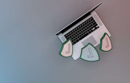 Computer safe against malware or virus attacks. 3d render Computer closeup and Security shield