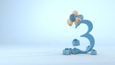 Number 5 birthday celebration blue gift box and pink balloons. 3D Render