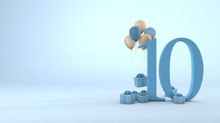 Number 10 birthday celebration blue gift box and pink balloons. 3D Renderの写真素材