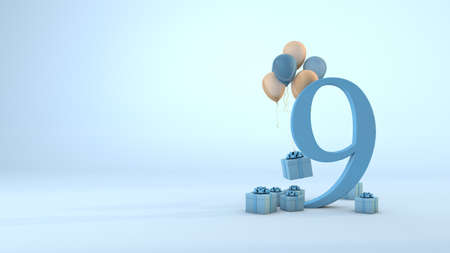 Number 5 birthday celebration blue gift box and pink balloons. 3D Renderの写真素材