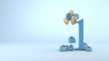 Number 5 birthday celebration blue gift box and pink balloons. 3D Render