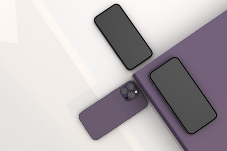 Three phone pro. 3d smartphone purple ideal for mockup displayの写真素材