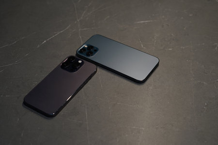 Phone 14 pro max presentation new smartphone purple colorの写真素材