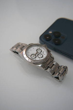Silver wrist watch and accessory manの写真素材