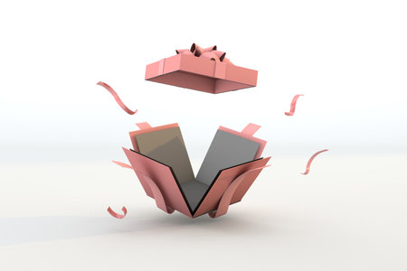 Pink gift box floating present on white background. 3D renderの写真素材