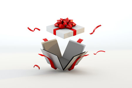 Open present box or gift box with red ribbons and bow isolated on white background. 3d renderの写真素材