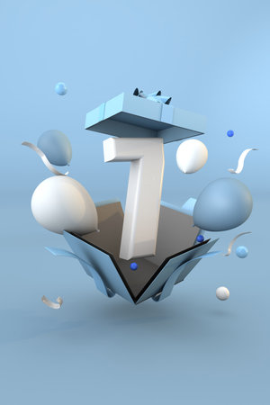 Blue number 7 a happy birthday concept. 3d renderの写真素材