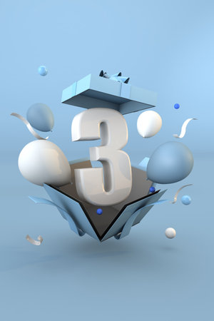 Blue number 3 a happy birthday concept. 3d renderの写真素材