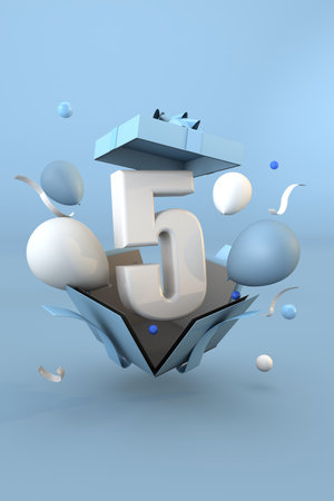 Blue number 5 a happy birthday concept. 3d renderの写真素材