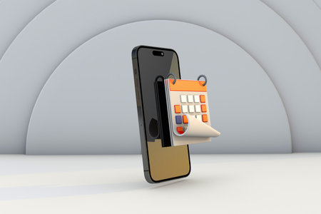 Digital calendar with smartphone mockup display. 3D renderの写真素材