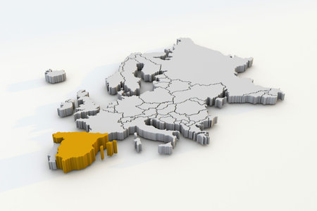 Europe map 3d render isolated with Yellow Spain a European countryの写真素材