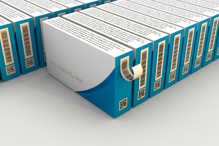 Pharma Serialization concept with medicine box and label barcode. 3d renderの写真素材