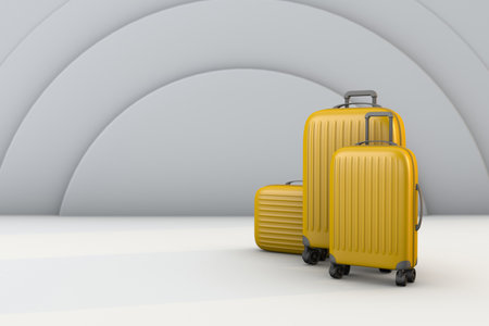 Yellow suitcases a modern travel luggage concept. 3d renderの写真素材
