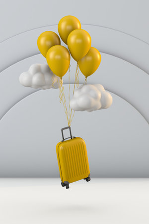 Floating travel concept with yellow suitcase and yellow balloons. 3d renderの写真素材