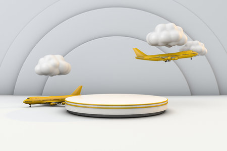Modern podium with yellow airplane at airport concept. 3d renderの写真素材