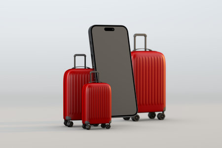 Digital travel concept with red sitcases and new smartphoneの写真素材
