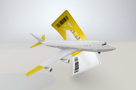 Commercial airplane and ticket boarding passの写真素材