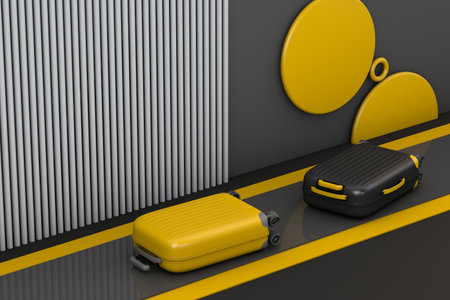 baggage claim airport with yellow suitcase and black suitcase a travel business conceptの写真素材